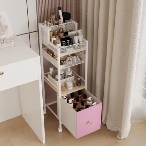 Floor Makeup Organizer Cart, Makeup and Skincare Organizer with Drawers, Bathroom Vanity Organizer, Cosmetics Display Cases Holder for Skin Care Nail Polish Perfume Makeup Brush (Pink)