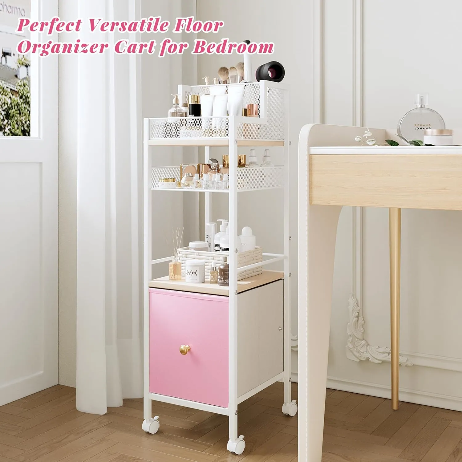 Floor Makeup Organizer Cart, Makeup and Skincare Organizer with Drawers, Bathroom Vanity Organizer, Cosmetics Display Cases Holder for Skin Care Nail Polish Perfume Makeup Brush (Pink)