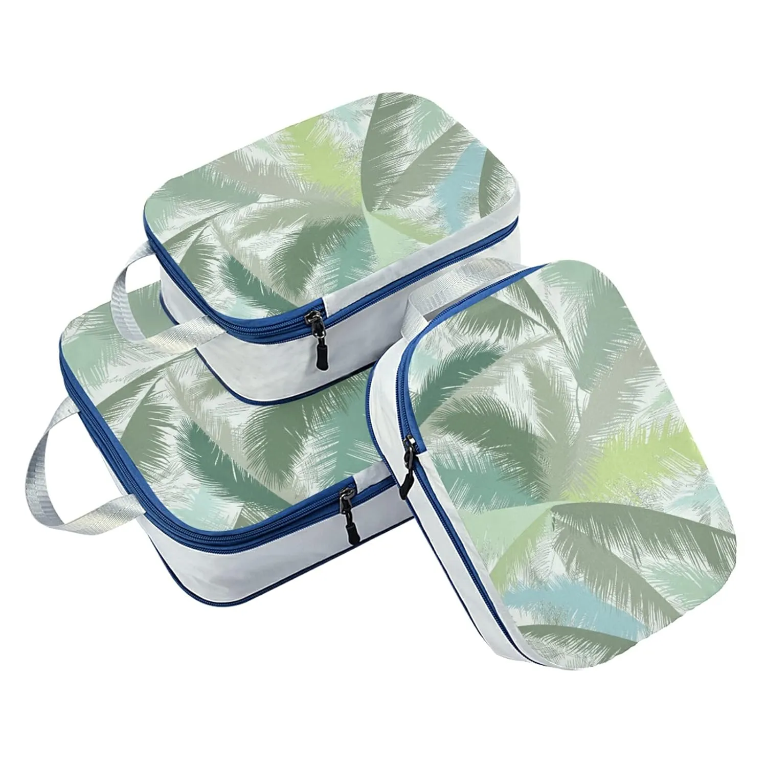 Floral Palm Tree Leaves Tropical Leaves in Grey Green Turquoise 3 Piece set Cubes Expandable Adjustable Luggage Packing Bags, Ultralight Organizer Accessories Travel Suitcase Compressible Bags