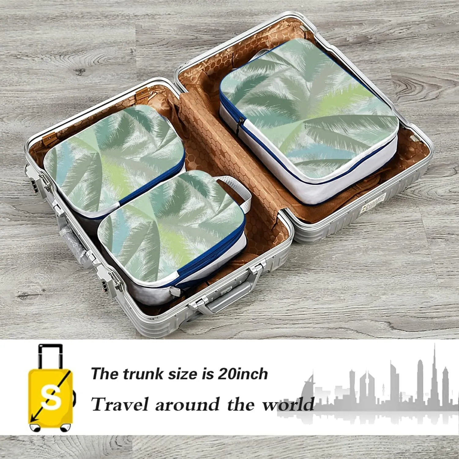 Floral Palm Tree Leaves Tropical Leaves in Grey Green Turquoise 3 Piece set Cubes Expandable Adjustable Luggage Packing Bags, Ultralight Organizer Accessories Travel Suitcase Compressible Bags