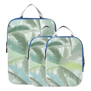Floral Palm Tree Leaves Tropical Leaves in Grey Green Turquoise 3 Piece set Cubes Expandable Adjustable Luggage Packing Bags, Ultralight Organizer Accessories Travel Suitcase Compressible Bags
