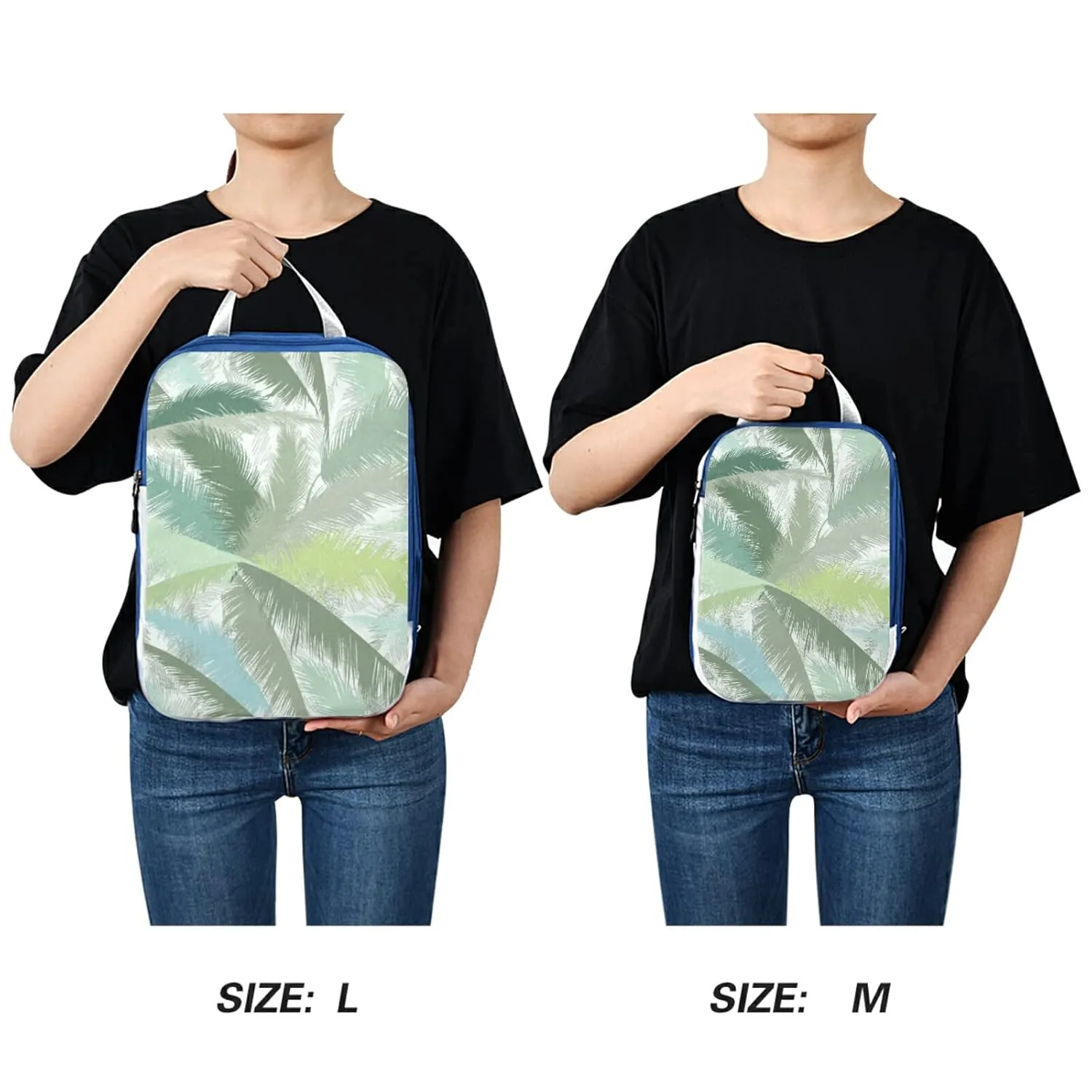 Floral Palm Tree Leaves Tropical Leaves in Grey Green Turquoise 3 Piece set Cubes Expandable Adjustable Luggage Packing Bags, Ultralight Organizer Accessories Travel Suitcase Compressible Bags
