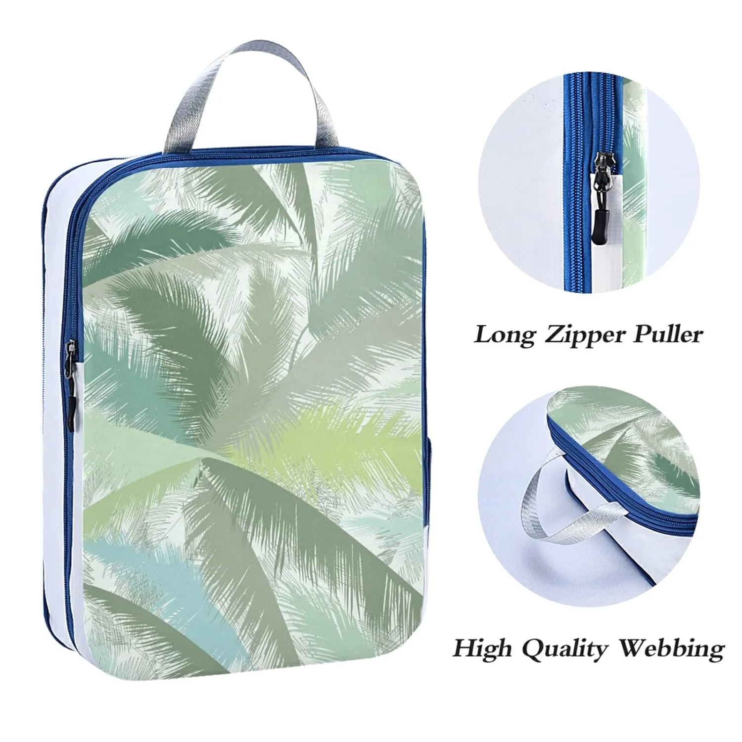 Floral Palm Tree Leaves Tropical Leaves in Grey Green Turquoise 3 Piece set Cubes Expandable Adjustable Luggage Packing Bags, Ultralight Organizer Accessories Travel Suitcase Compressible Bags
