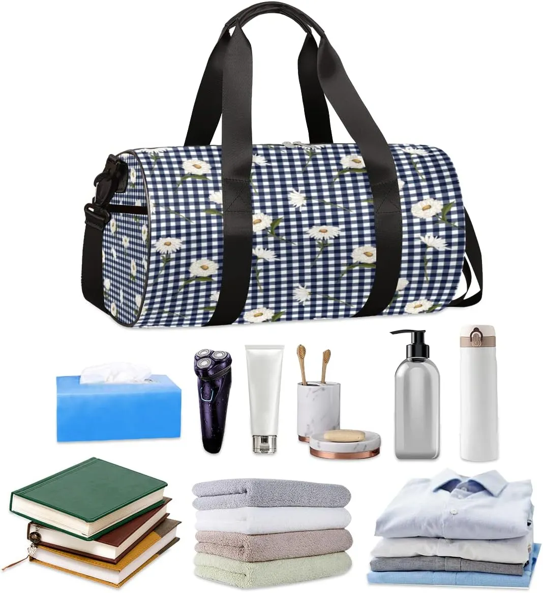 Flower Checked Plaid Gym Bag Small Gym Duffel Bags for Men Women Overnight Weekender Bag Lightweight Sport Duffle Bag Carry On Gymbag