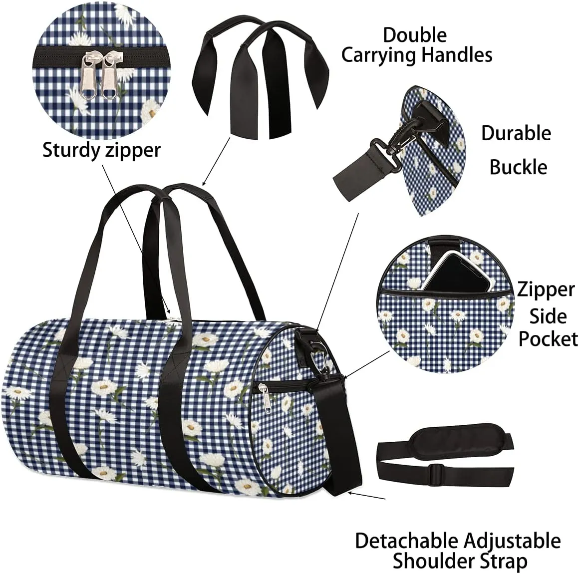 Flower Checked Plaid Gym Bag Small Gym Duffel Bags for Men Women Overnight Weekender Bag Lightweight Sport Duffle Bag Carry On Gymbag