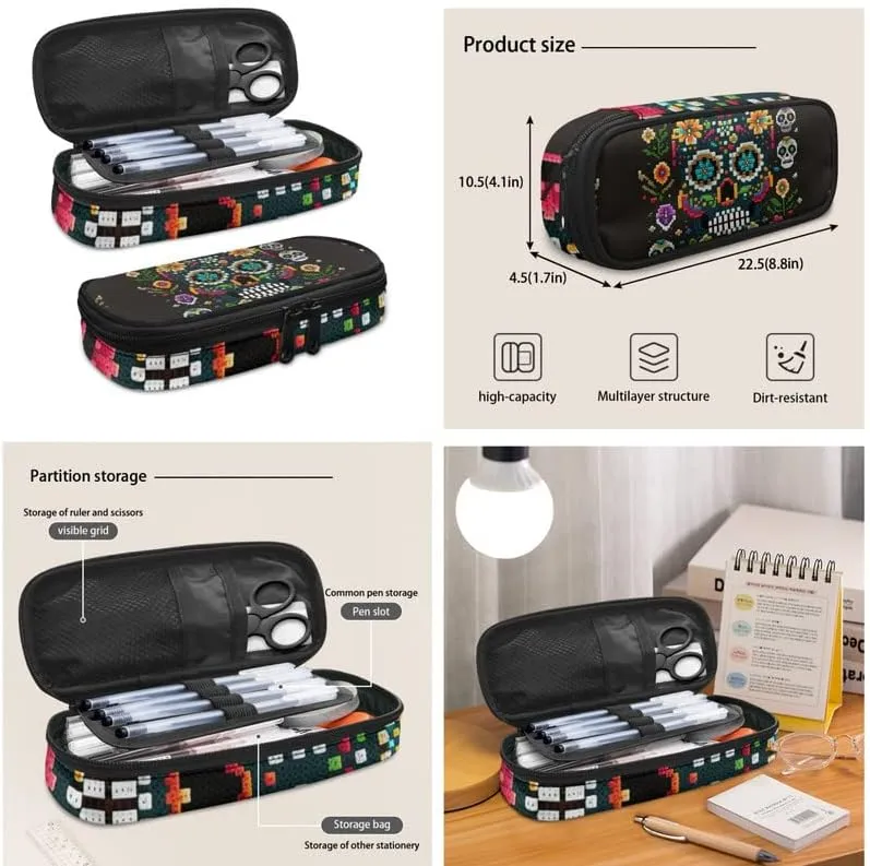 Flower Sugar Skull Pixel Style 3-Piece Kid Backpack for Boys Girls School Bookbags Insulated Lunch Bag Pencil Case Cushioned Straps Travel Outdoor Backpack