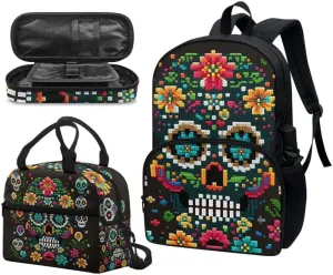 Flower Sugar Skull Pixel Style 3-Piece Kid Backpack for Boys Girls School Bookbags Insulated Lunch Bag Pencil Case Cushioned Straps Travel Outdoor Backpack
