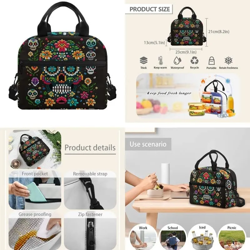 Flower Sugar Skull Pixel Style 3-Piece Kid Backpack for Boys Girls School Bookbags Insulated Lunch Bag Pencil Case Cushioned Straps Travel Outdoor Backpack