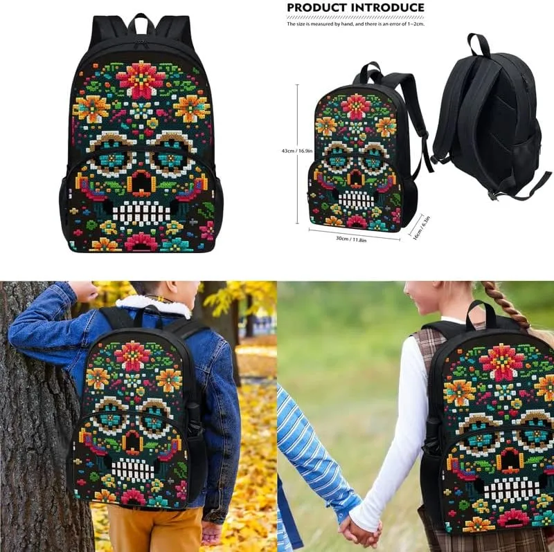 Flower Sugar Skull Pixel Style 3-Piece Kid Backpack for Boys Girls School Bookbags Insulated Lunch Bag Pencil Case Cushioned Straps Travel Outdoor Backpack