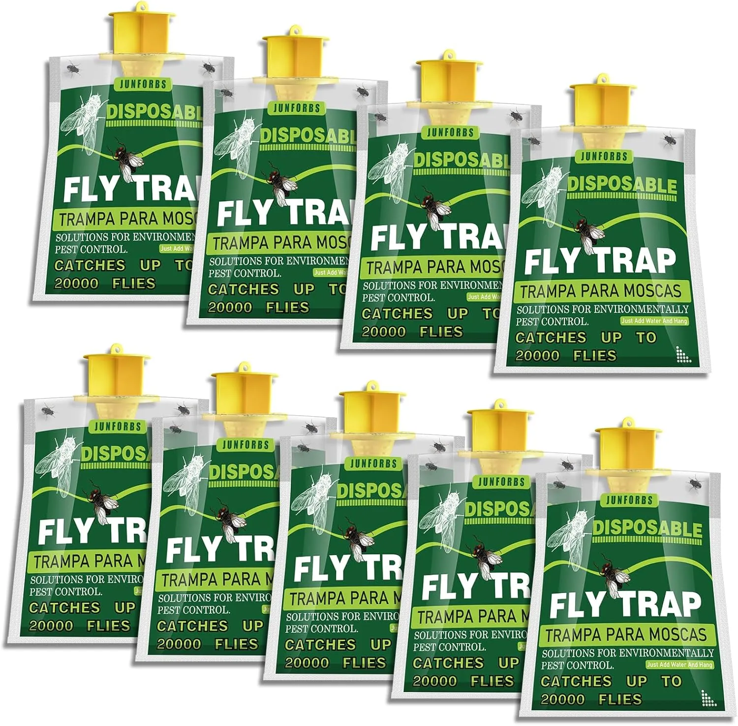 Fly Traps Outdoor with Natural Pre-Baited, Disposable Non Toxic Fly Catcher, Fly Killer, Fruit Flies Trap Kills Up to 20,000 Flies for Barn, Farm, Stable, Patio - 9 Pcs