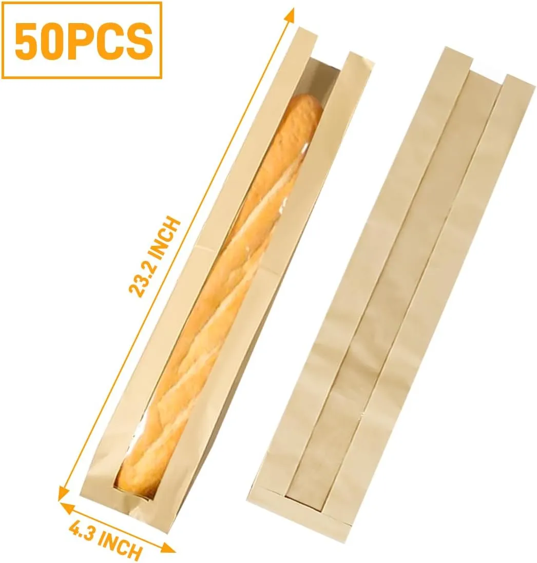 French Bread Bags 50PCS Baguette Bread Bags Bakery Bags with Window Kraft Paper Loaf Bread Long French Bread Bags for Homemade Bread Large 24 x 4.4 x 1.6 Inches with Label Seal Sticker