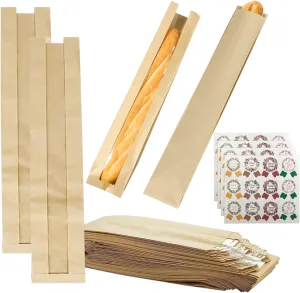 French Bread Bags 50PCS Baguette Bread Bags Bakery Bags with Window Kraft Paper Loaf Bread Long French Bread Bags for Homemade Bread Large 24 x 4.4 x 1.6 Inches with Label Seal Sticker