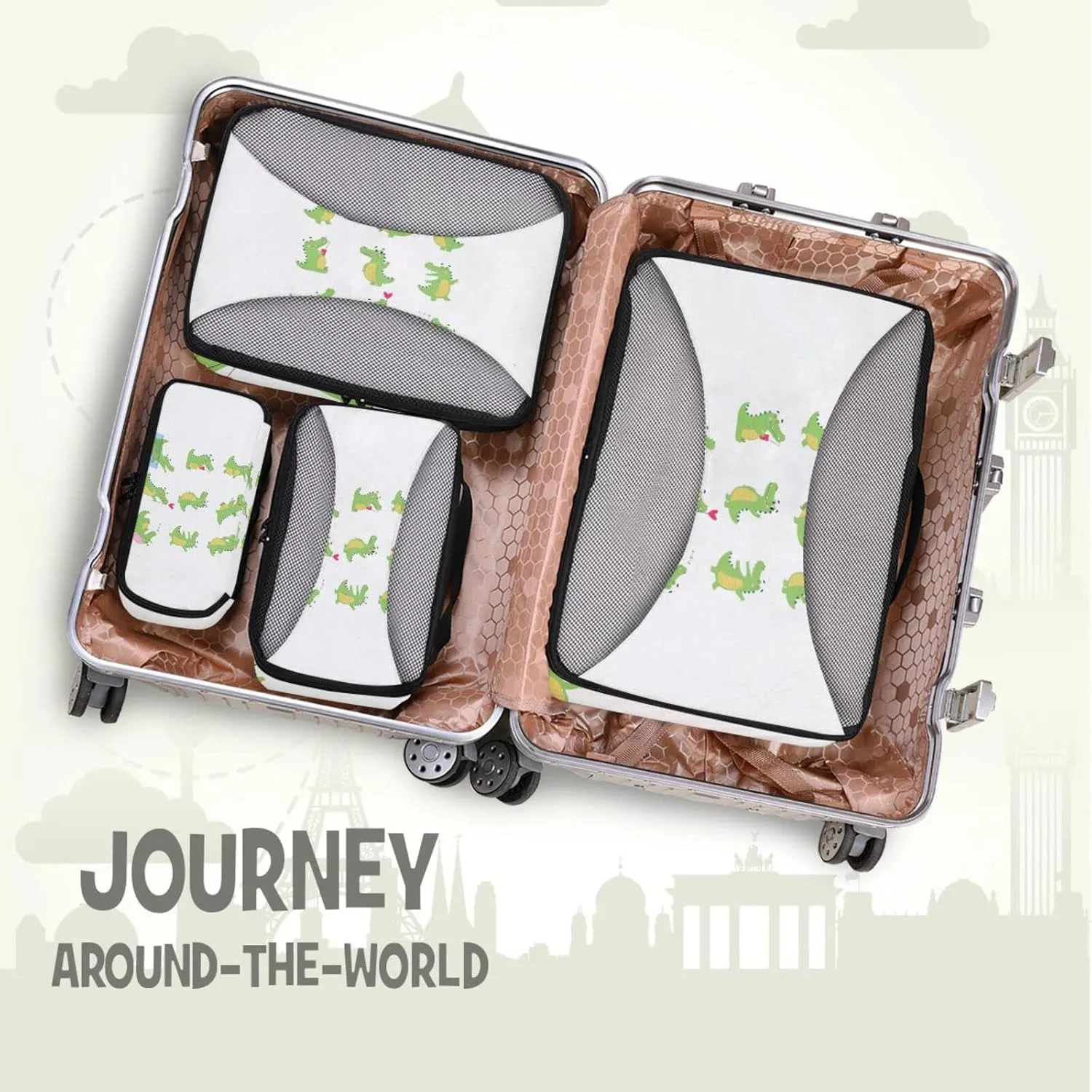 Funny Green Crocodiles with Different Actions Cute Alligator Predator 4 PCs Set Packing Bags, Luggage Organizer Bag, Portable Cube Toiletry bag, Durable Travel Cosmetic Storage Bag for Men Women