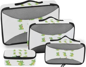 Funny Green Crocodiles with Different Actions Cute Alligator Predator 4 PCs Set Packing Bags, Luggage Organizer Bag, Portable Cube Toiletry bag, Durable Travel Cosmetic Storage Bag for Men Women
