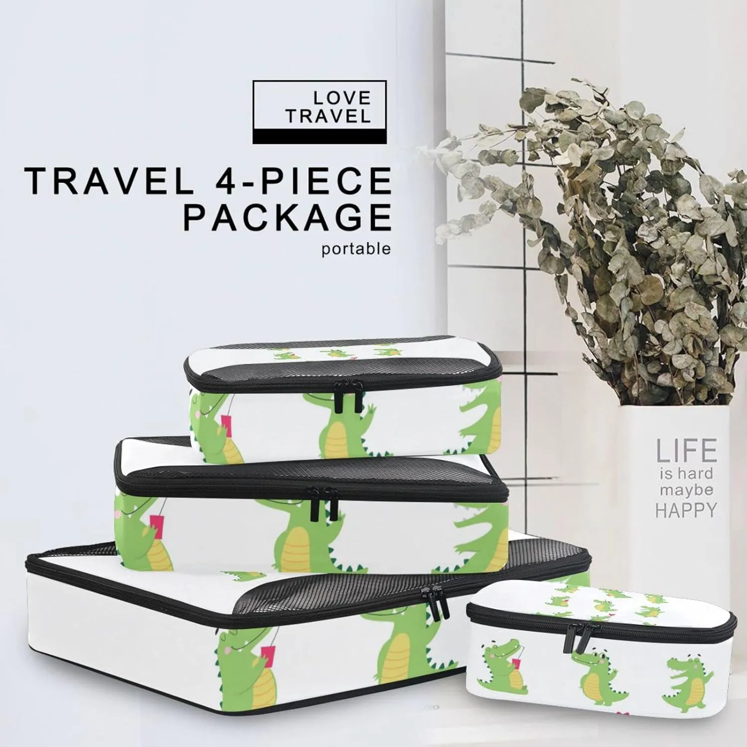 Funny Green Crocodiles with Different Actions Cute Alligator Predator 4 PCs Set Packing Bags, Luggage Organizer Bag, Portable Cube Toiletry bag, Durable Travel Cosmetic Storage Bag for Men Women