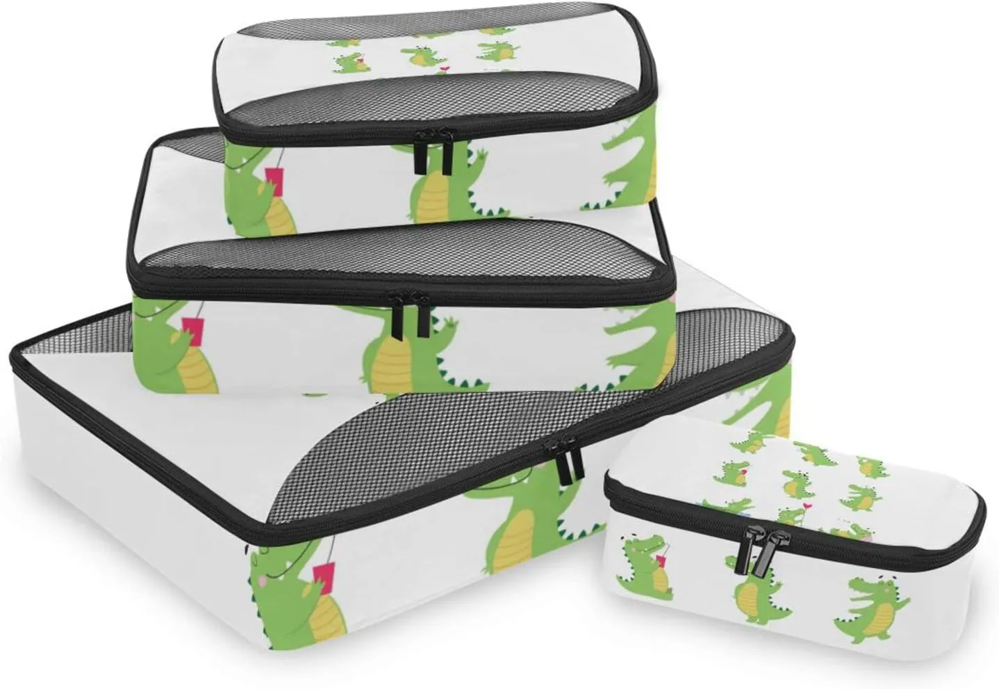 Funny Green Crocodiles with Different Actions Cute Alligator Predator 4 PCs Set Packing Bags, Luggage Organizer Bag, Portable Cube Toiletry bag, Durable Travel Cosmetic Storage Bag for Men Women