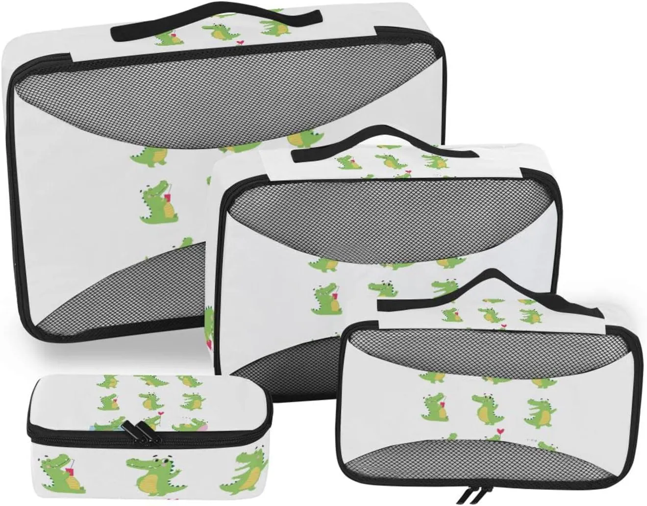 Funny Green Crocodiles with Different Actions Cute Alligator Predator 4 PCs Set Packing Bags, Luggage Organizer Bag, Portable Cube Toiletry bag, Durable Travel Cosmetic Storage Bag for Men Women
