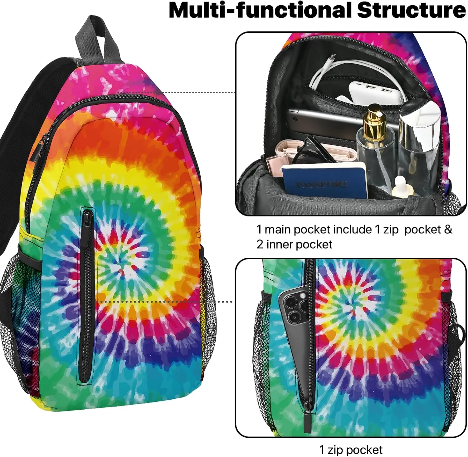 FyLybois Tie Dye Sling Bag Travel Crossbody Backpack for Women Casual Chest Bags for Running Hiking Cycling