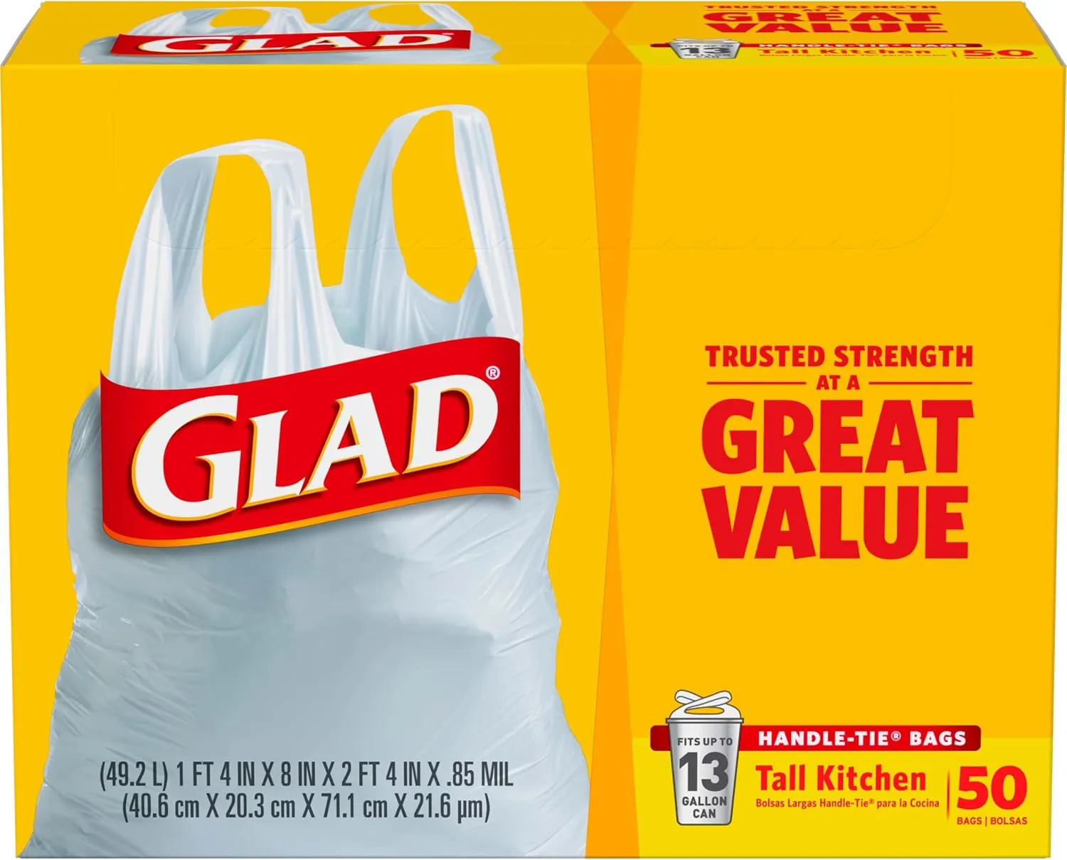 Glad Tall Kitchen Handle-Tie Trash Bags, 13 Gallon White Trash Bag, 50 Ct (Package May Vary)