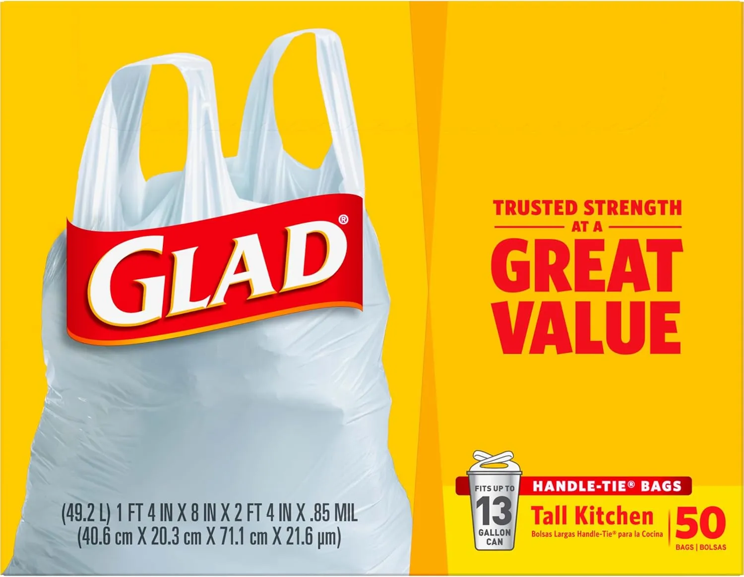 Glad Tall Kitchen Handle-Tie Trash Bags, 13 Gallon White Trash Bag, 50 Ct (Package May Vary)