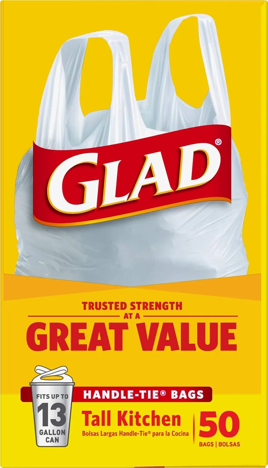 Glad Tall Kitchen Handle-Tie Trash Bags, 13 Gallon White Trash Bag, 50 Ct (Package May Vary)