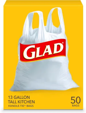 Glad Tall Kitchen Handle-Tie Trash Bags, 13 Gallon White Trash Bag, 50 Ct (Package May Vary)