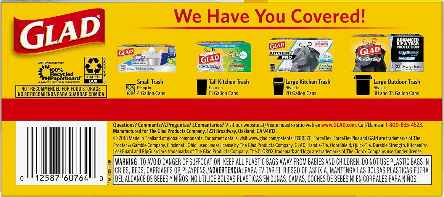 Glad Tall Kitchen Handle-Tie Trash Bags, 13 Gallon White Trash Bag, 50 Ct (Package May Vary)
