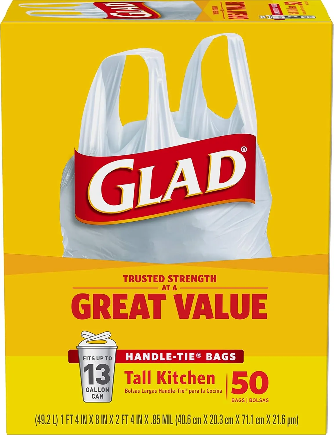 Glad Tall Kitchen Handle-Tie Trash Bags, 13 Gallon White Trash Bag, 50 Ct (Package May Vary)