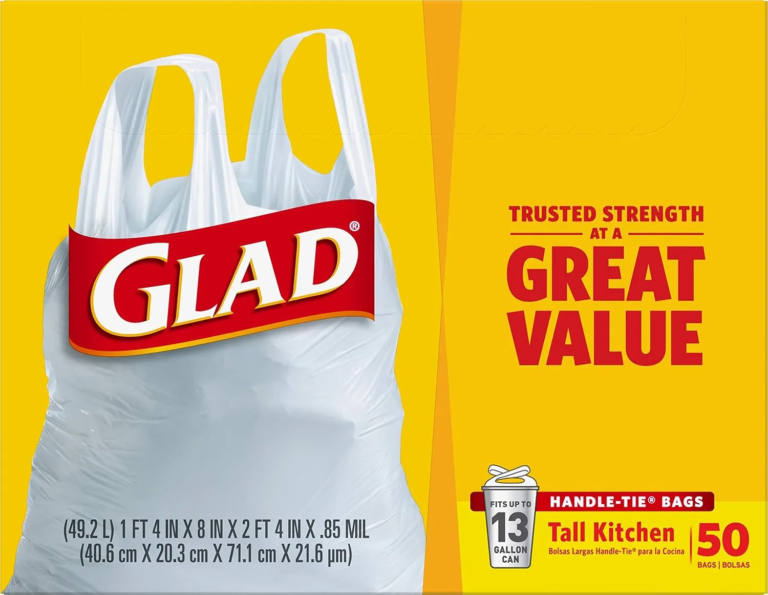Glad Tall Kitchen Handle-Tie Trash Bags, 13 Gallon White Trash Bag, 50 Ct (Package May Vary)