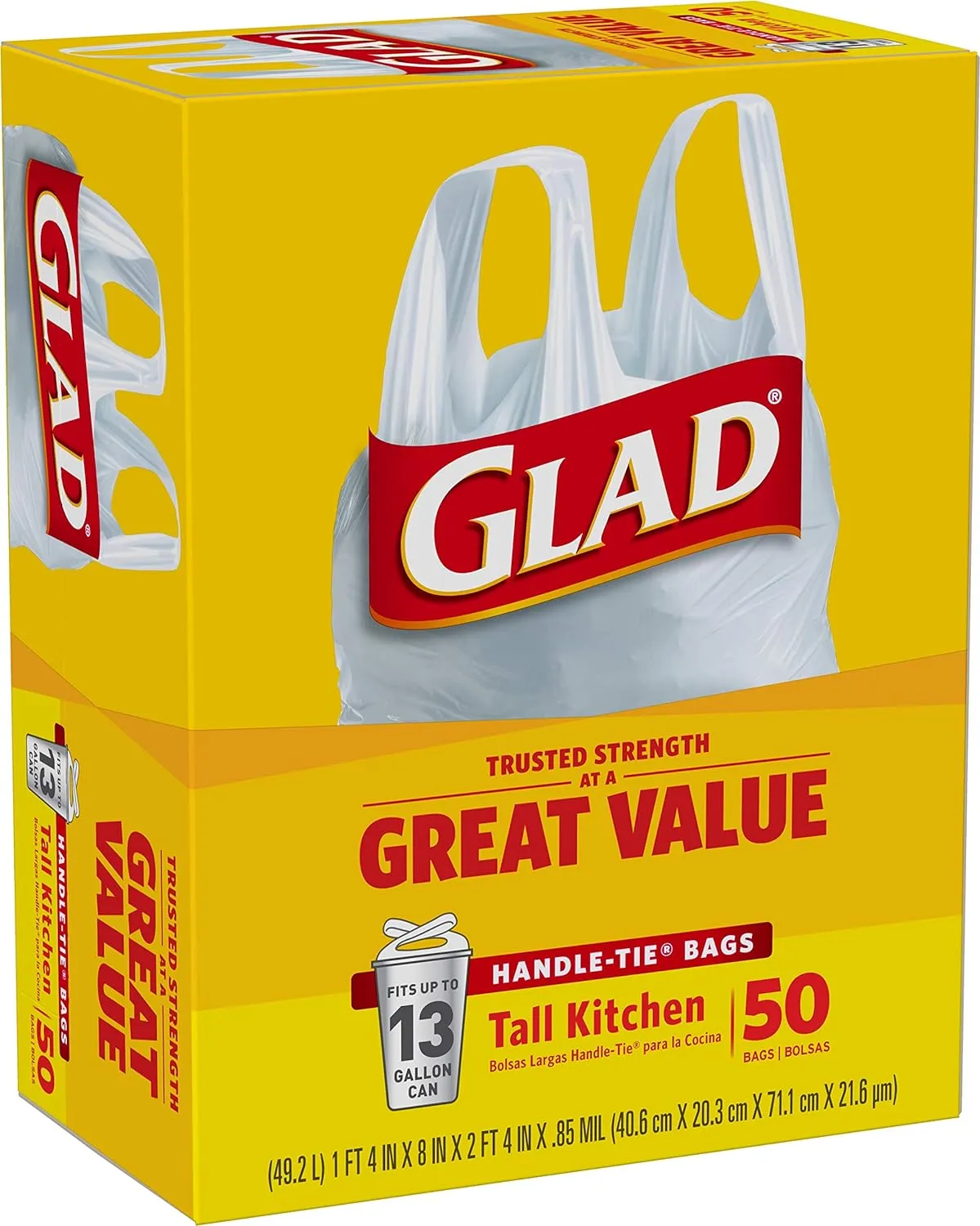 Glad Tall Kitchen Handle-Tie Trash Bags, 13 Gallon White Trash Bag, 50 Ct (Package May Vary)