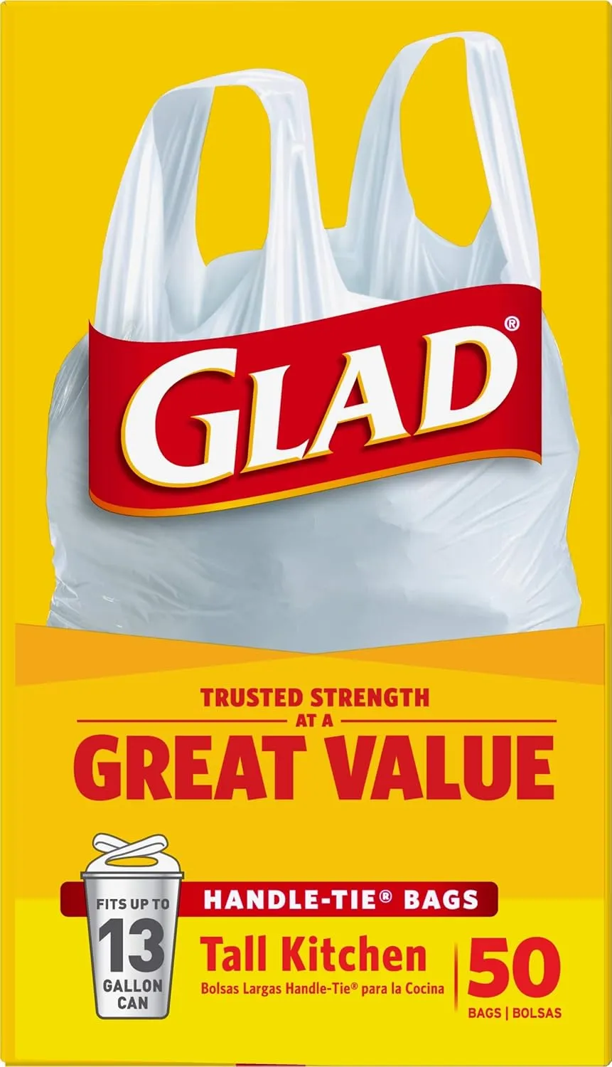 Glad Tall Kitchen Handle-Tie Trash Bags, 13 Gallon White Trash Bag, 50 Ct (Package May Vary)