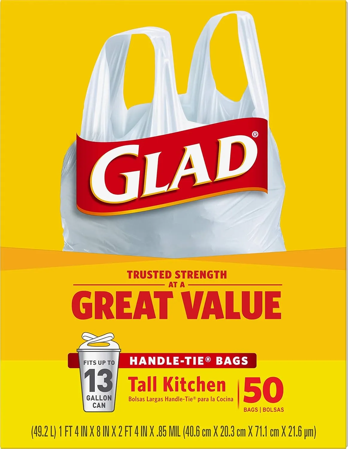 Glad Tall Kitchen Handle-Tie Trash Bags, 13 Gallon White Trash Bag, 50 Ct (Package May Vary)