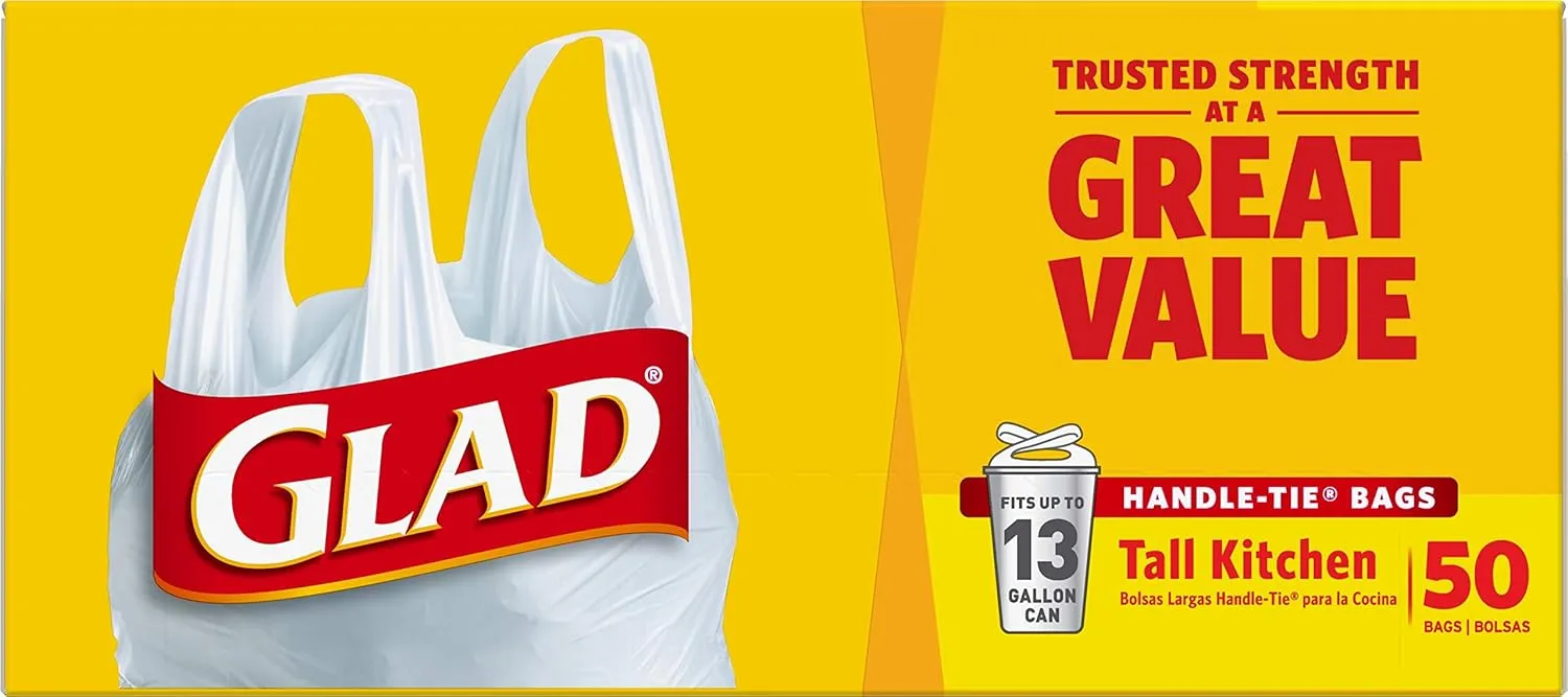 Glad Tall Kitchen Handle-Tie Trash Bags, 13 Gallon White Trash Bag, 50 Ct (Package May Vary)