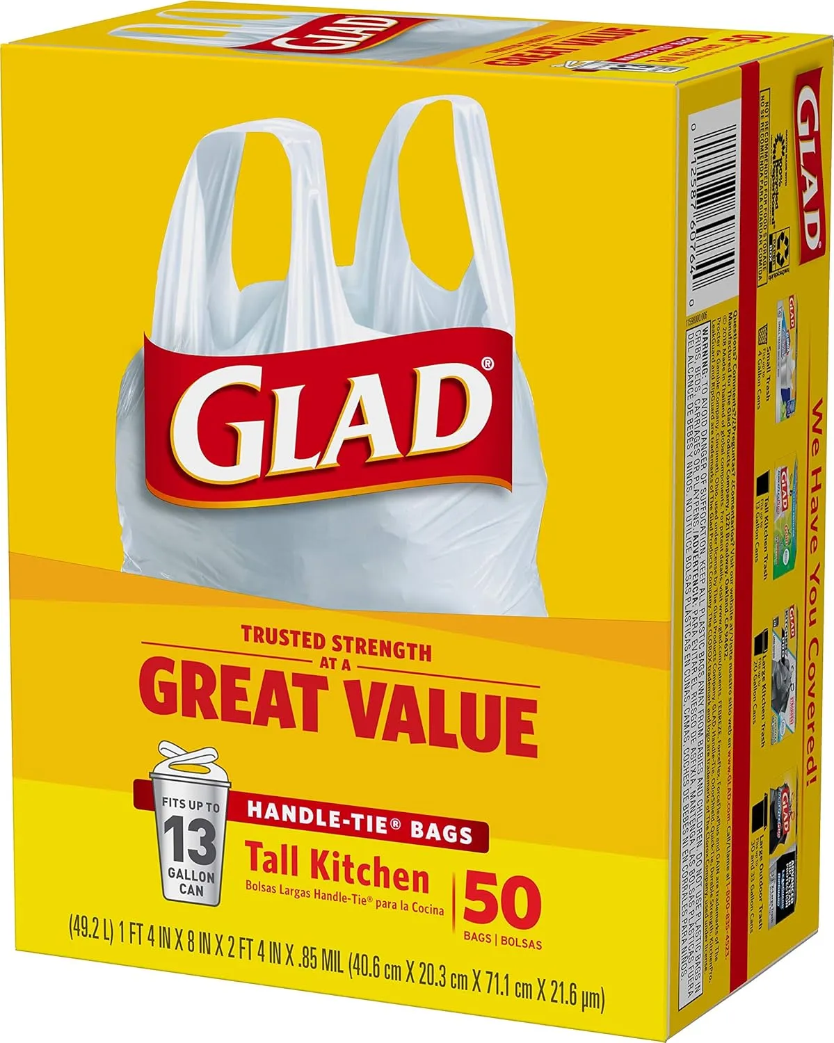 Glad Tall Kitchen Handle-Tie Trash Bags, 13 Gallon White Trash Bag, 50 Ct (Package May Vary)