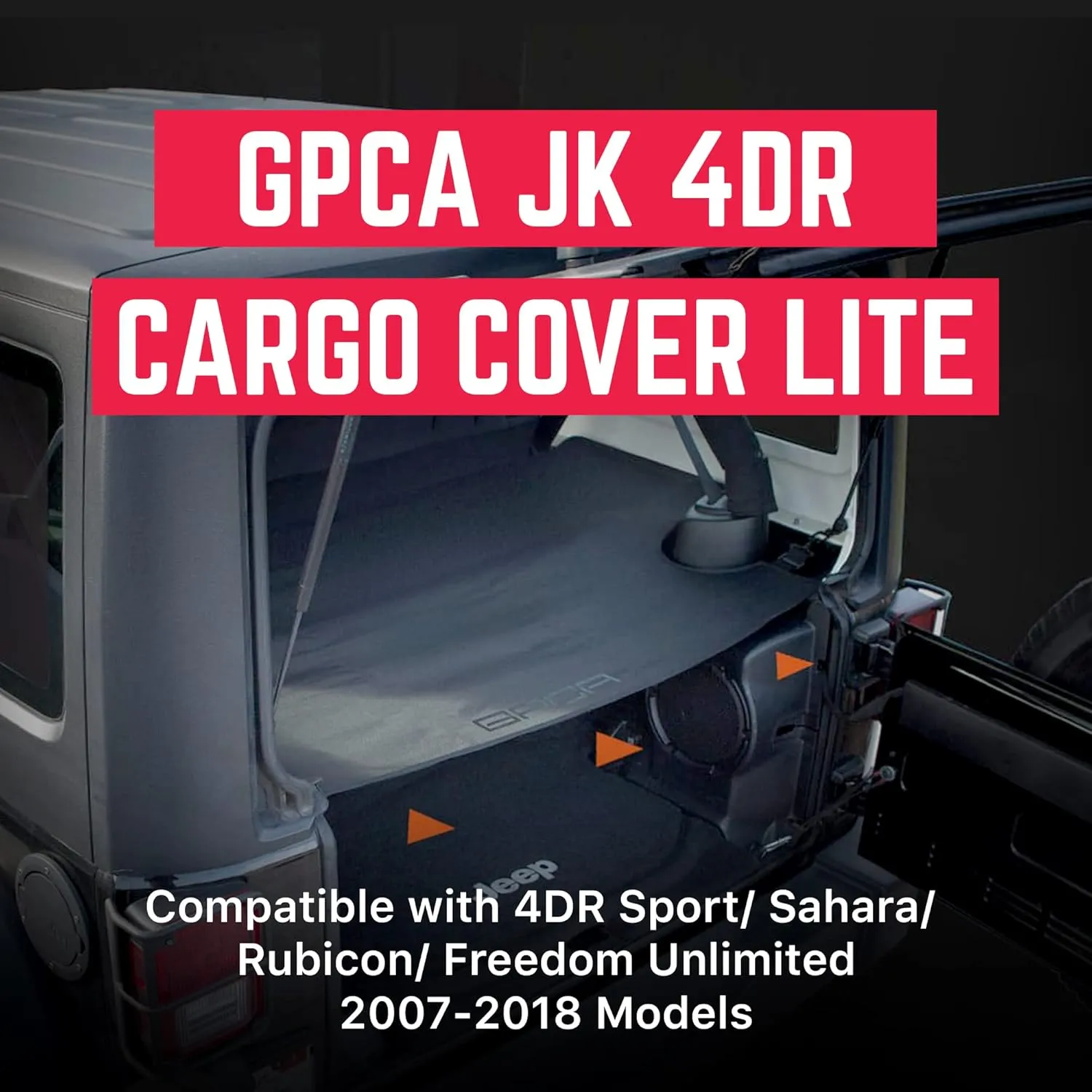 GPCA - Cargo Cover LITE Plus Easy-to-Install Trunk Cover, Accessories for Wrangler JK, JKU, Patented Truck and Car Accessories, for 4DR Sport, Sahara, Rubicon and Freedom Unlimited 2007-2018 Models