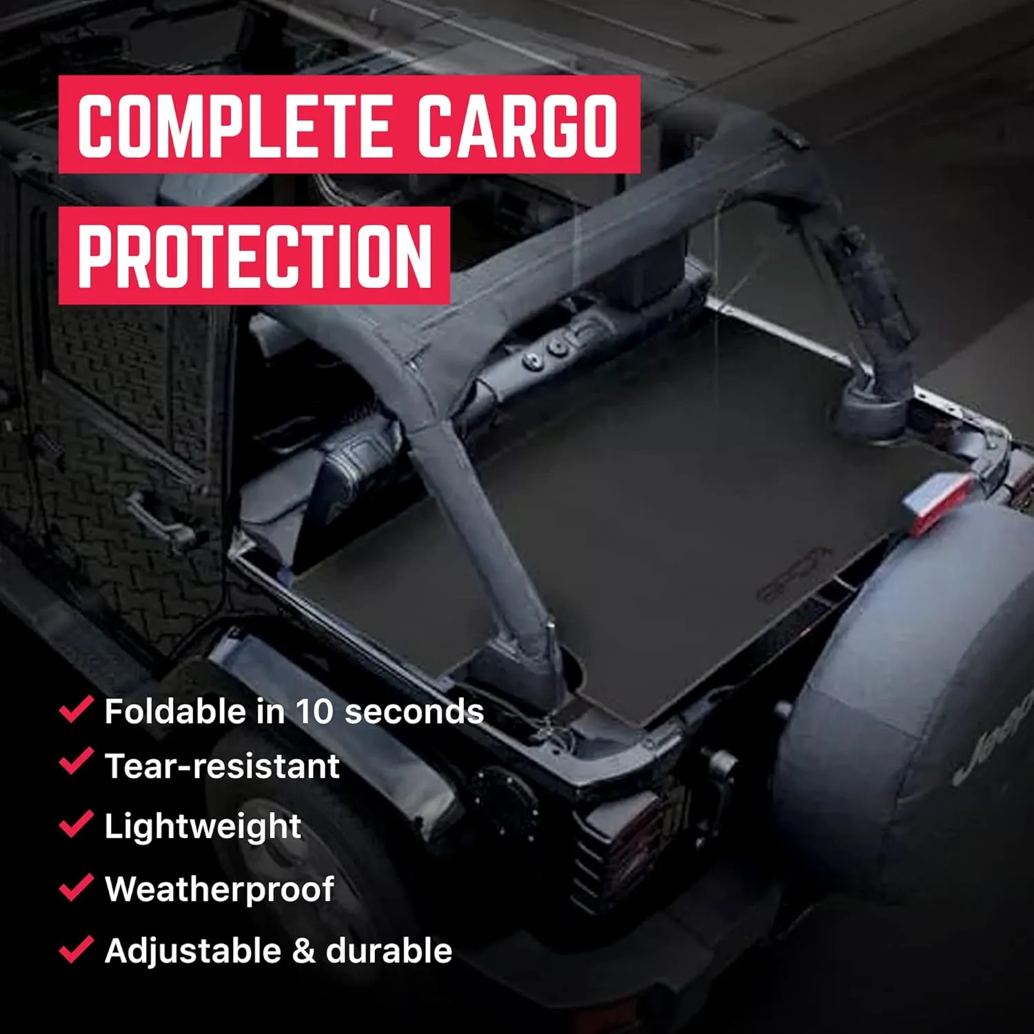 GPCA - Cargo Cover LITE Plus Easy-to-Install Trunk Cover, Accessories for Wrangler JK, JKU, Patented Truck and Car Accessories, for 4DR Sport, Sahara, Rubicon and Freedom Unlimited 2007-2018 Models