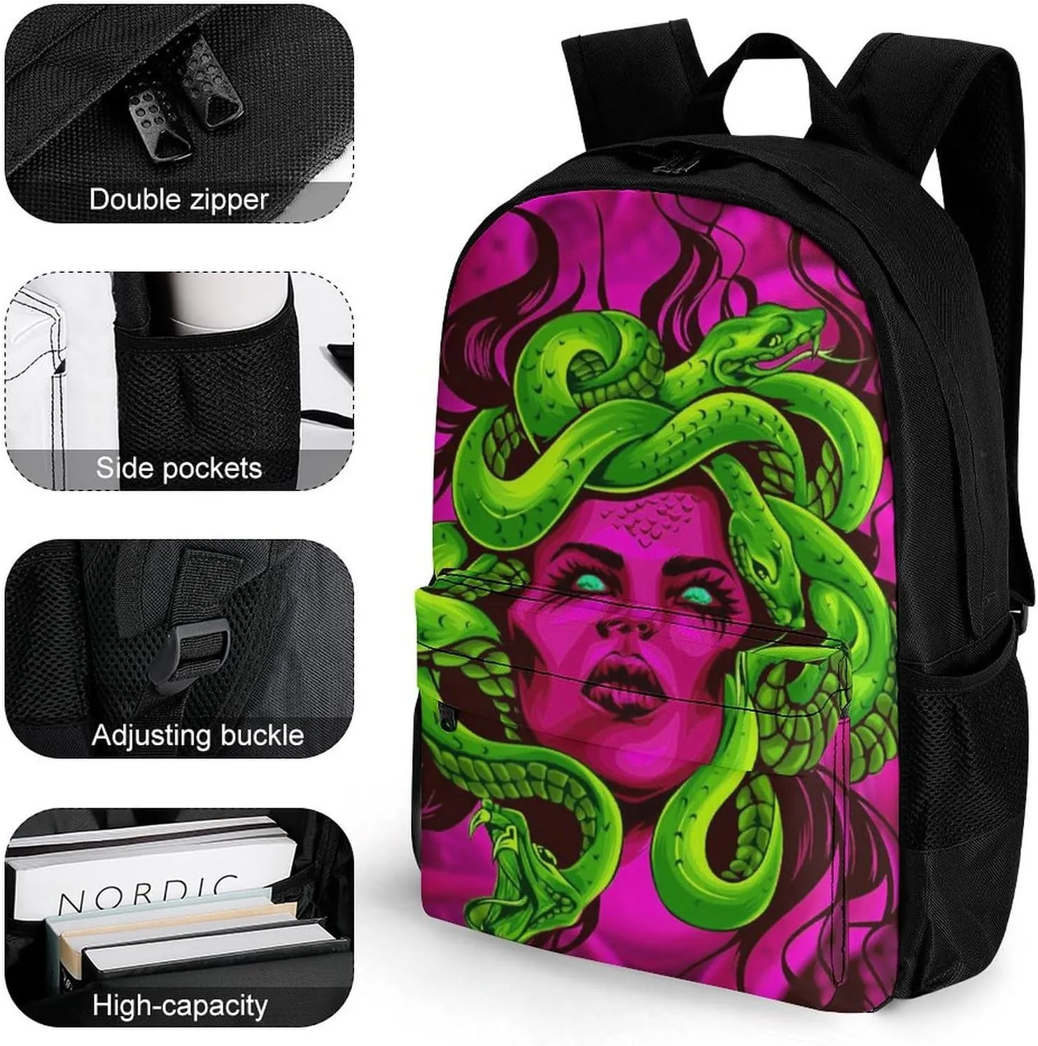 Greek Goddess Green Snake Queen Medusa Art Daypack Lightweight Multipurpose Anti-Theft Shoulder Bag Large Capacity Laptop Book Bag Rucksack With Adjustable Shoulder Straps