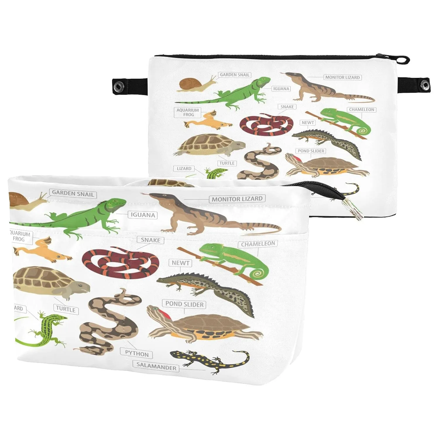 Green and Brown Pet Reptiles Frog Iguana Lizard Snake Newt Turtle Women Cosmetic Storage Handbag Case Portable Coin Purse, Makeup Bag Toiletry Handbag Organizer, Large Ladies Pouch Holder M