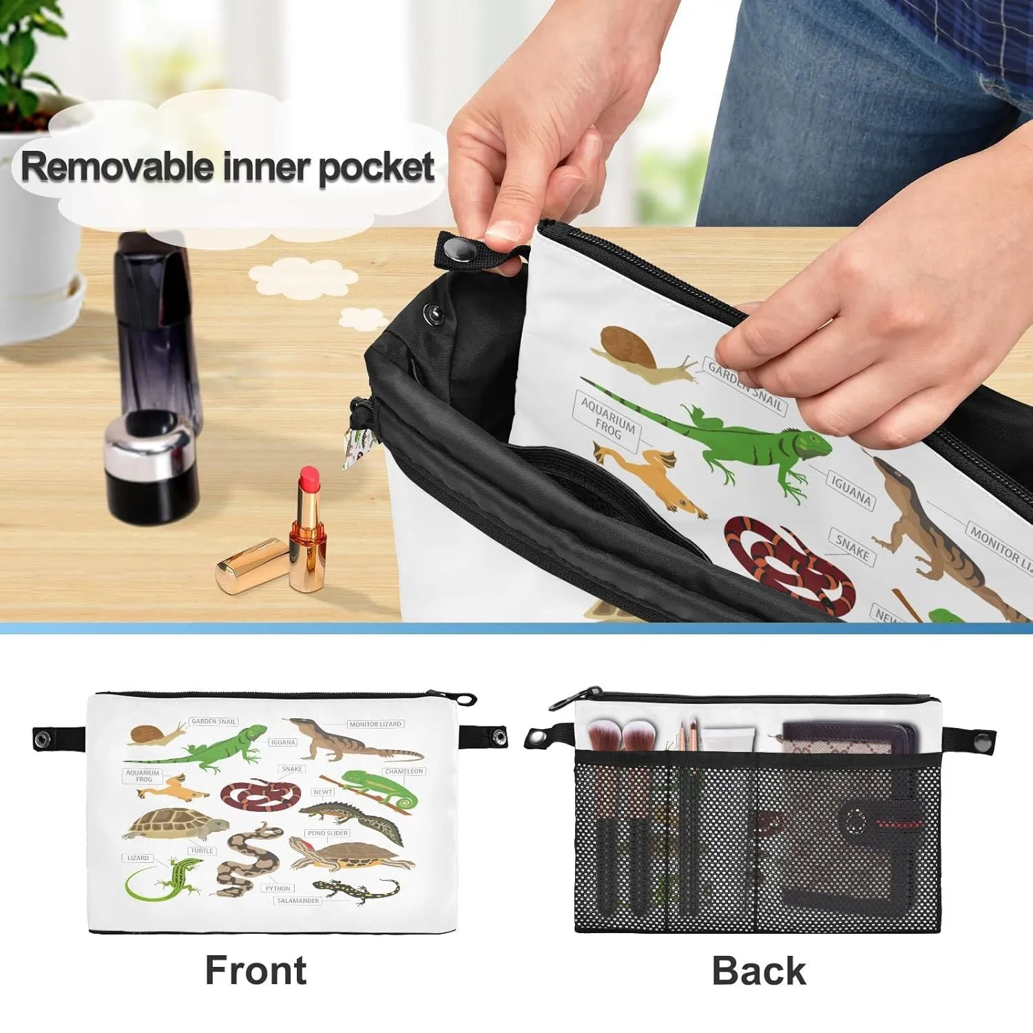 Green and Brown Pet Reptiles Frog Iguana Lizard Snake Newt Turtle Women Cosmetic Storage Handbag Case Portable Coin Purse, Makeup Bag Toiletry Handbag Organizer, Large Ladies Pouch Holder M