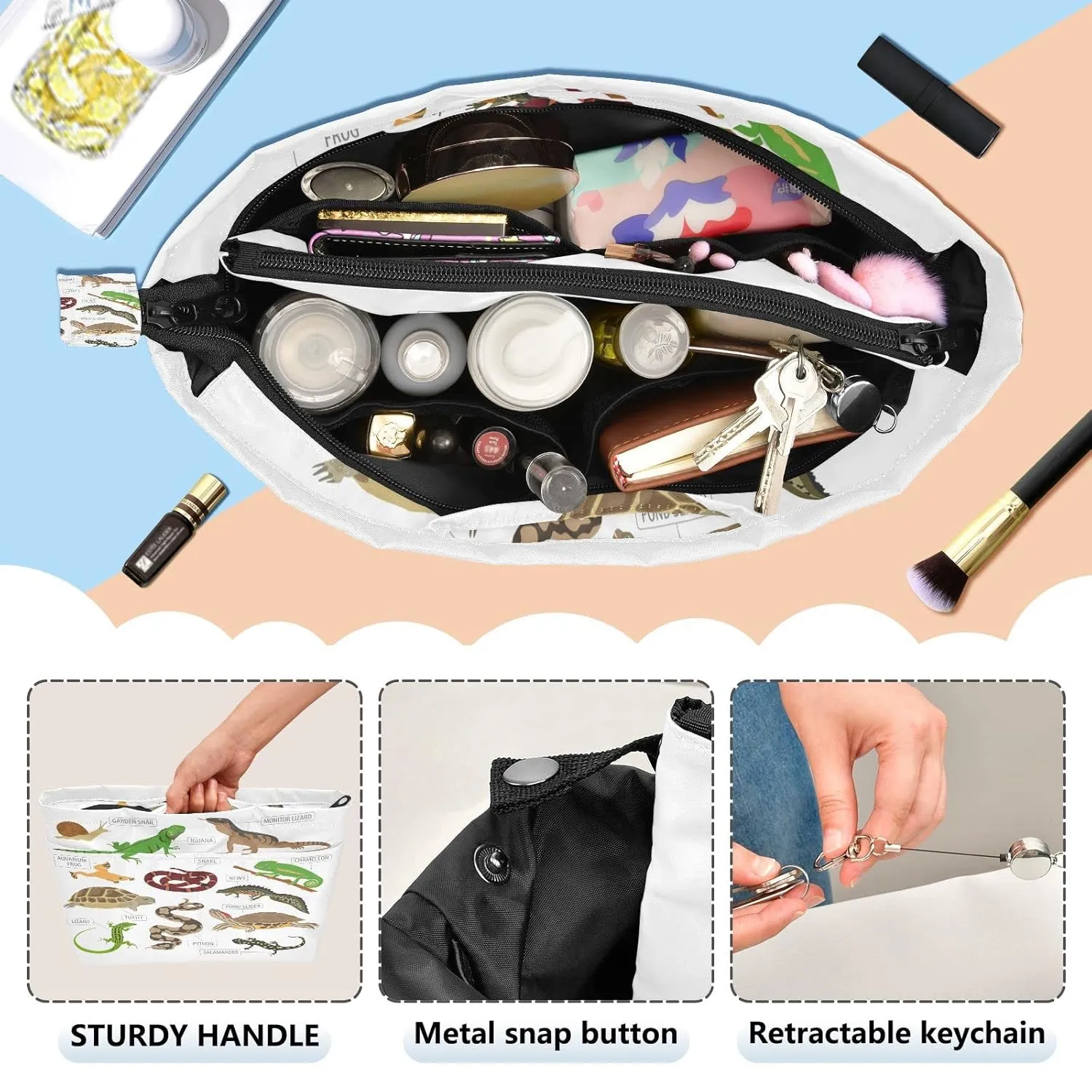 Green and Brown Pet Reptiles Frog Iguana Lizard Snake Newt Turtle Women Cosmetic Storage Handbag Case Portable Coin Purse, Makeup Bag Toiletry Handbag Organizer, Large Ladies Pouch Holder M