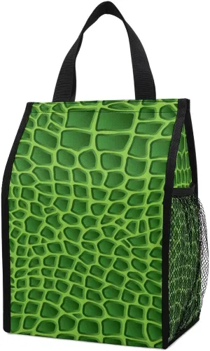 Green Crocodile Lizard Skin Durable Lunch Bag Reusable Insulated Cooler Lunch Tote Bag Box with Pocket