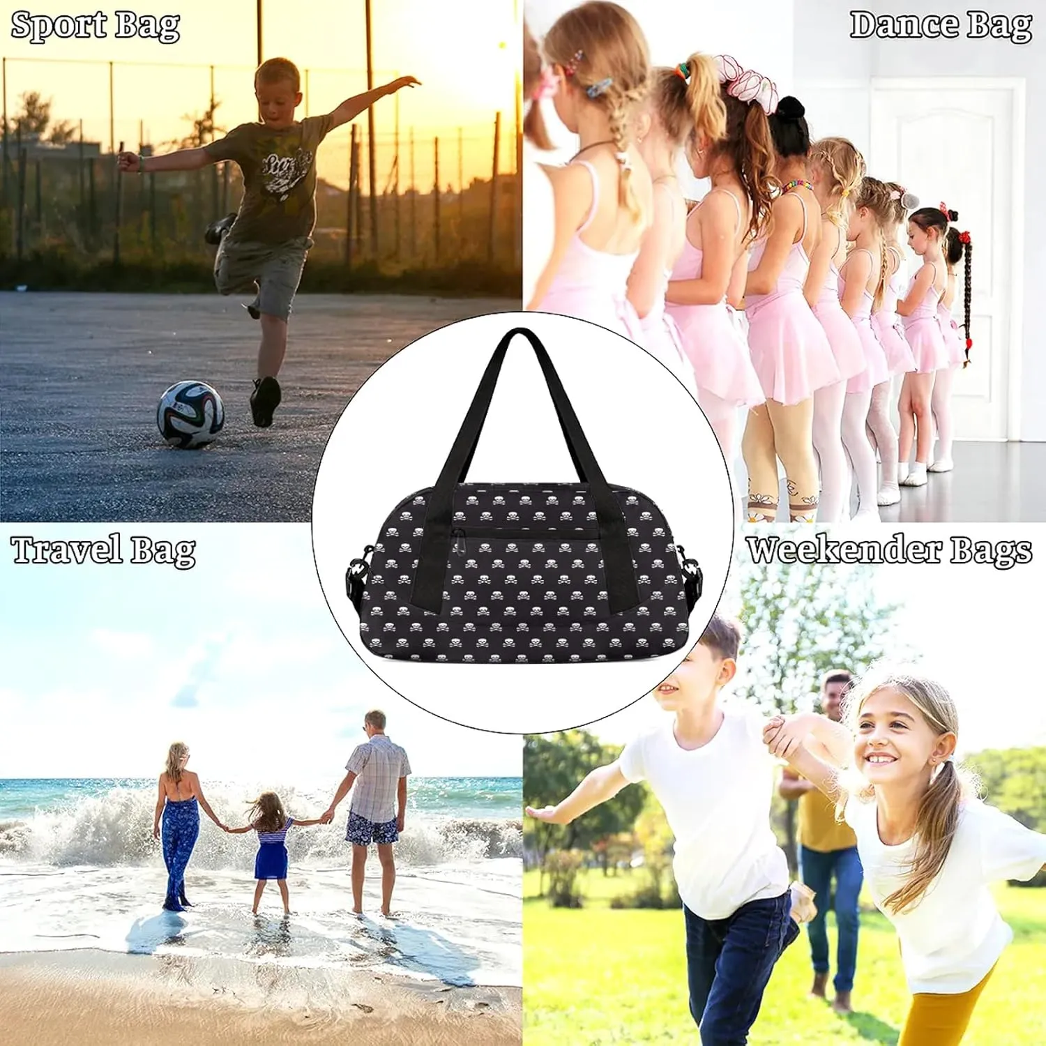 Grunge Skulls Pattern Kids Duffel Bag Lightweight Waterproof Sports Gym Bag with Front Zipper Pocket Foldable Weekender Overnight Bag for School Practice Gymnastic Ballet