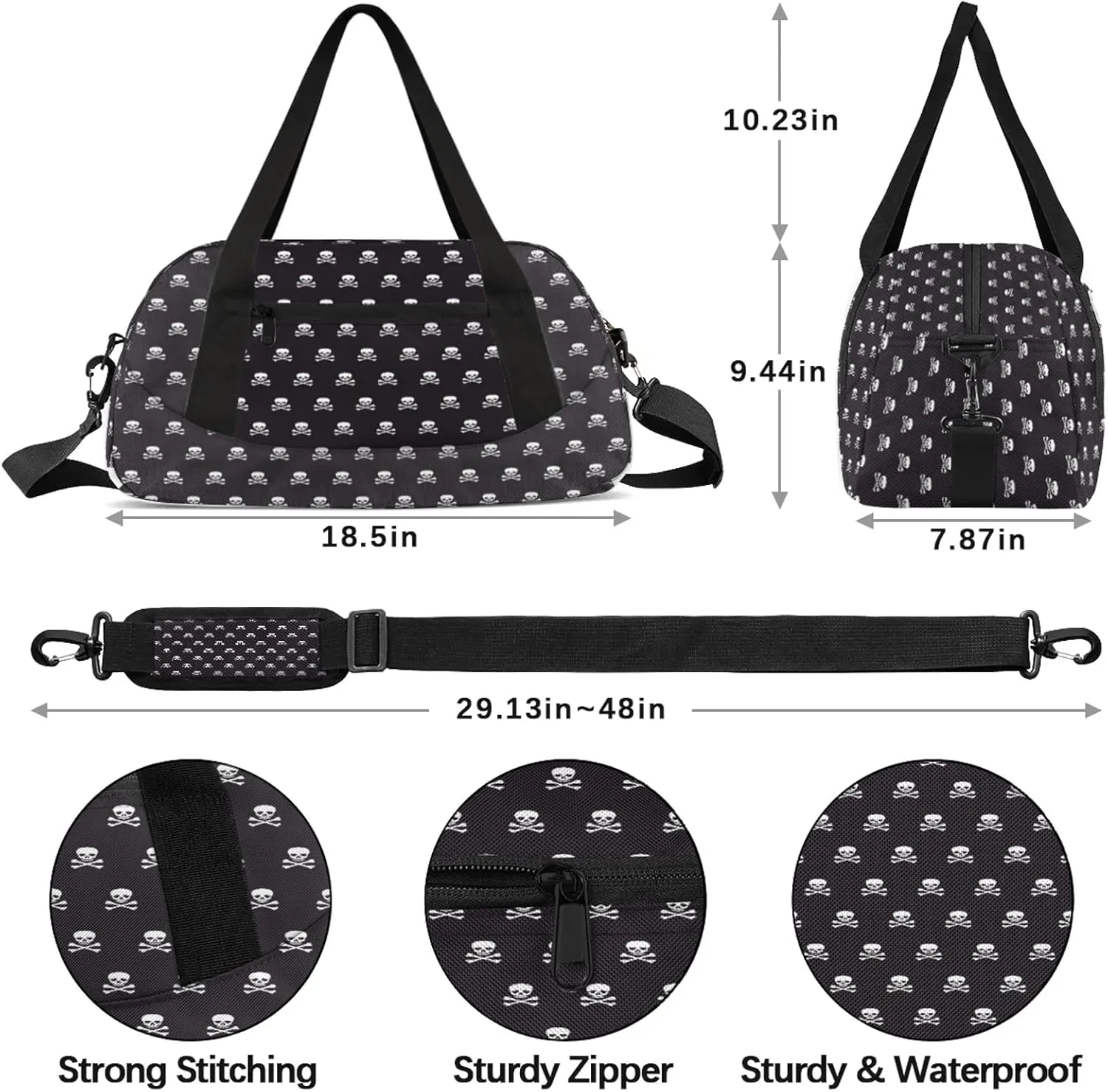 Grunge Skulls Pattern Kids Duffel Bag Lightweight Waterproof Sports Gym Bag with Front Zipper Pocket Foldable Weekender Overnight Bag for School Practice Gymnastic Ballet