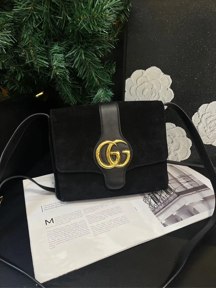 Gucci Arli Black Gold Suede Leather Medium Crossbody Bag