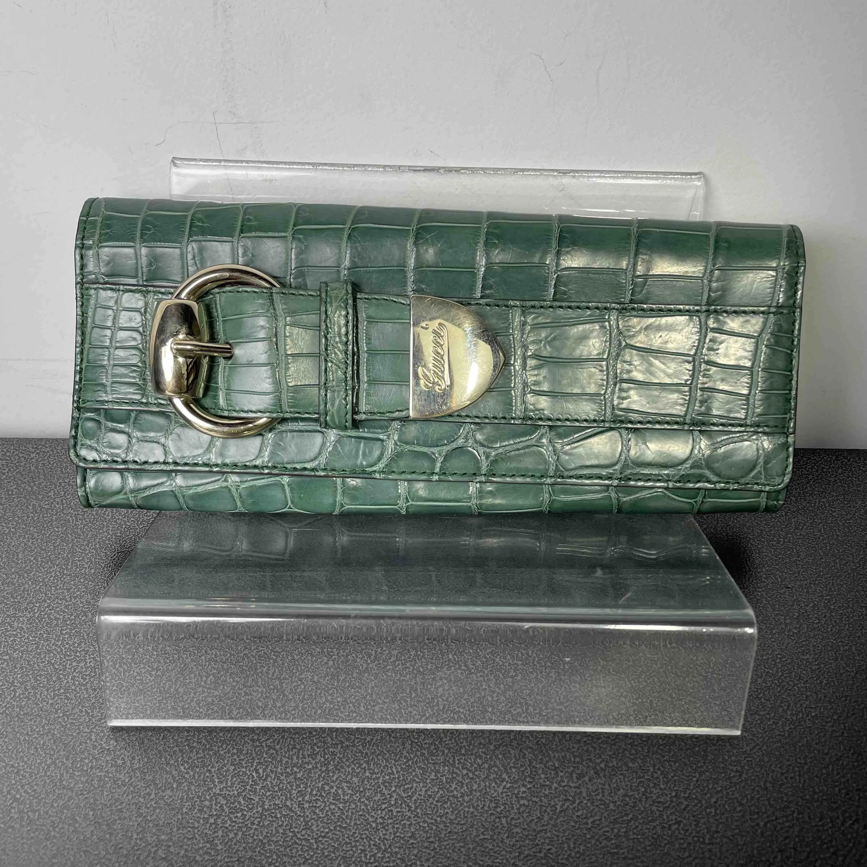 Gucci Crocodile Leather Wallet Green Horsebit
