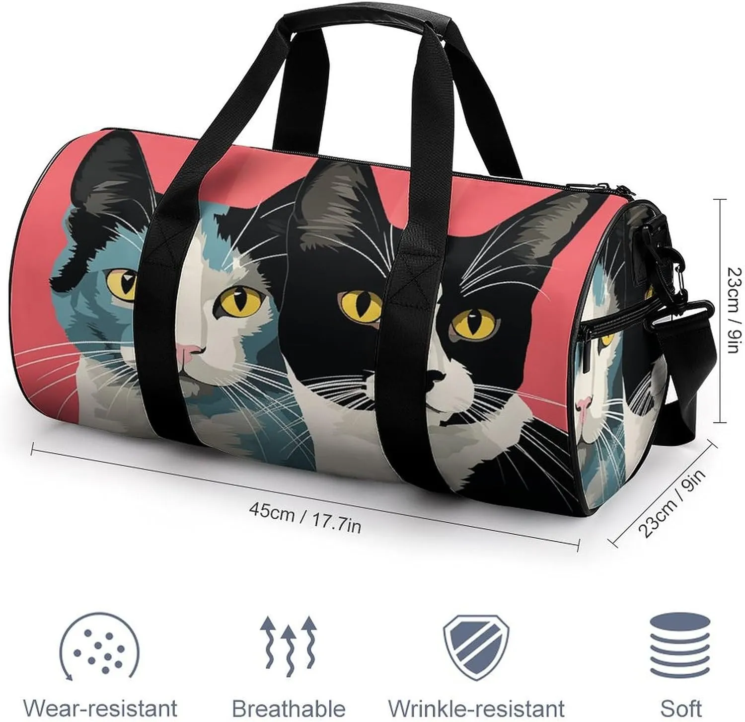 Gym Bag for Men Women Black And White Cat Duffel Bag Overnight Bag with Compartment Gym Sackpac