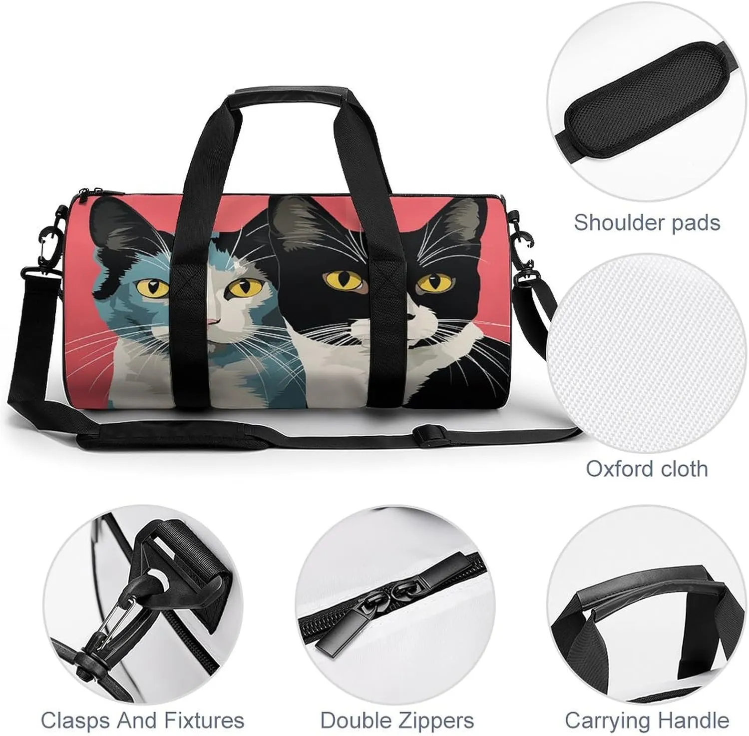 Gym Bag for Men Women Black And White Cat Duffel Bag Overnight Bag with Compartment Gym Sackpac