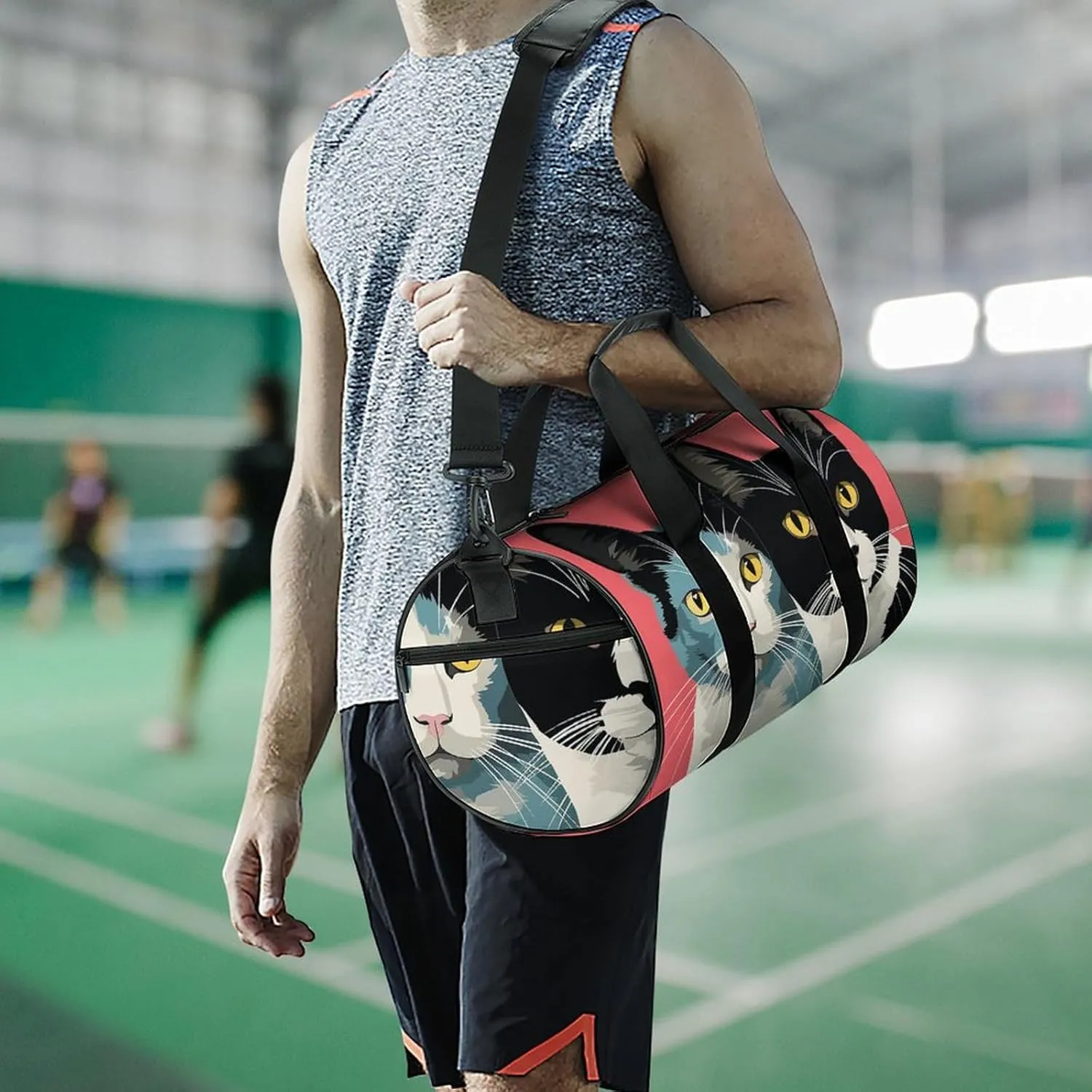 Gym Bag for Men Women Black And White Cat Duffel Bag Overnight Bag with Compartment Gym Sackpac