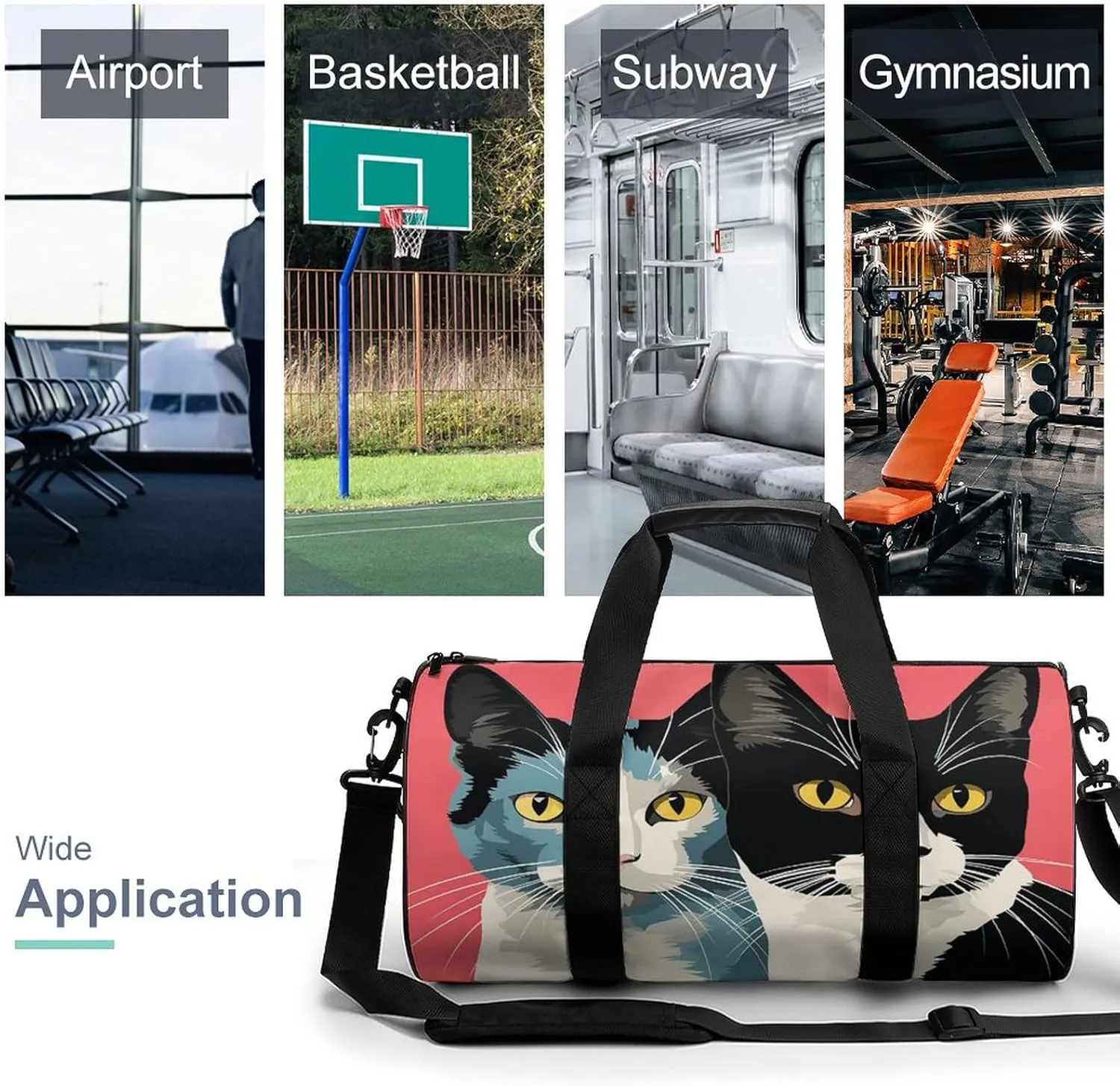 Gym Bag for Men Women Black And White Cat Duffel Bag Overnight Bag with Compartment Gym Sackpac