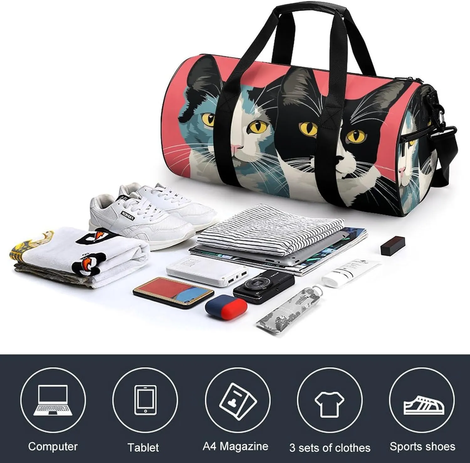 Gym Bag for Men Women Black And White Cat Duffel Bag Overnight Bag with Compartment Gym Sackpac